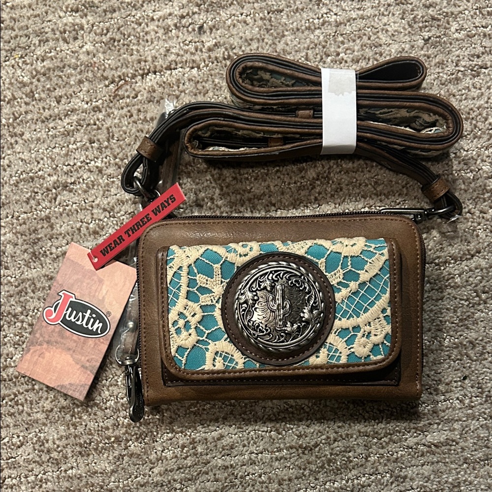 Justin Brown and Teal Wallet with Lace Detail NEW